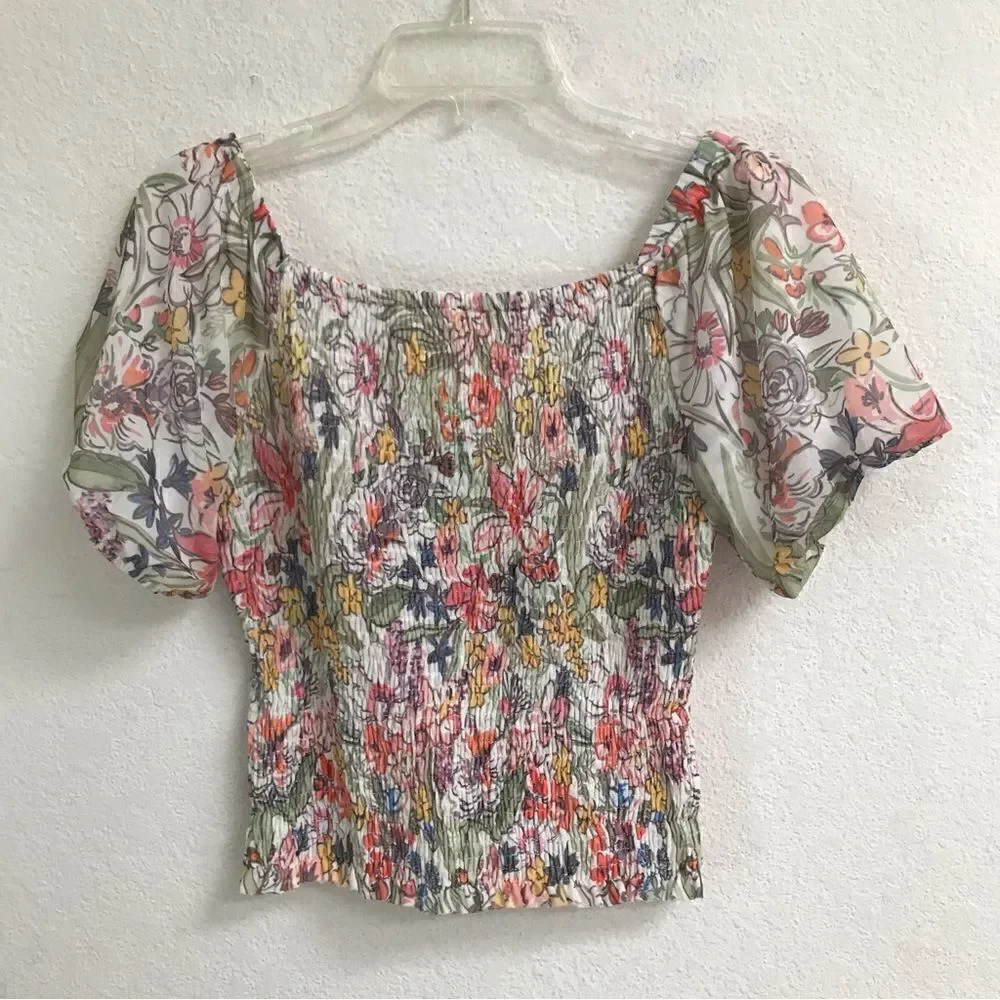‎Anthropologie Aurelia floral puff sleeve smocked blouse XS